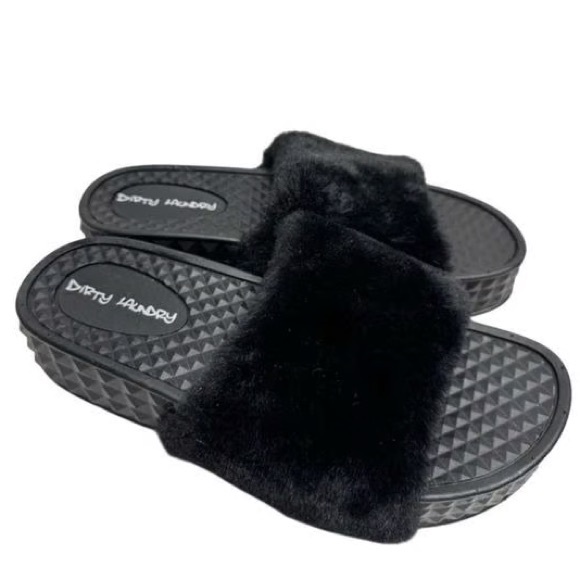 Dirty Laundry Sonny Fur Sandals Black Size 7 Platform Slides Flip Flops Slippers - Picture 1 of 16